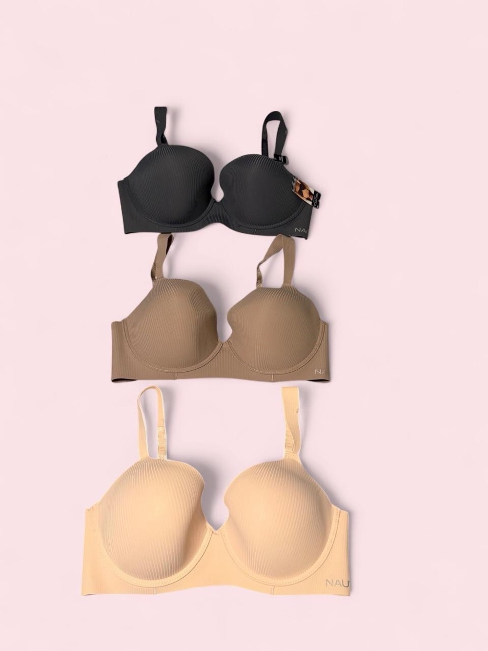Nautica Seamless Contour T-Shirt Bra - Black, Tan, Pinkish Cream Set of 3